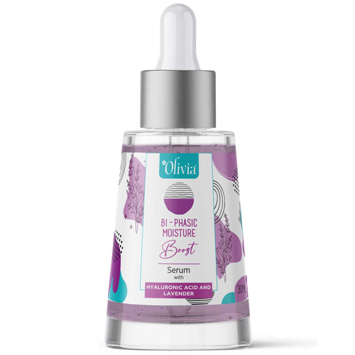 Bottle of Olivia bi-phasic moisture serum with hyaluronic acid and lavender, 30 ml.