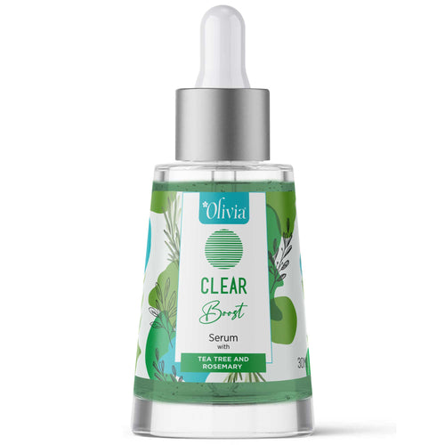 Clear Boost serum bottle with tea tree and rosemary, featuring a dropper and green botanical design.