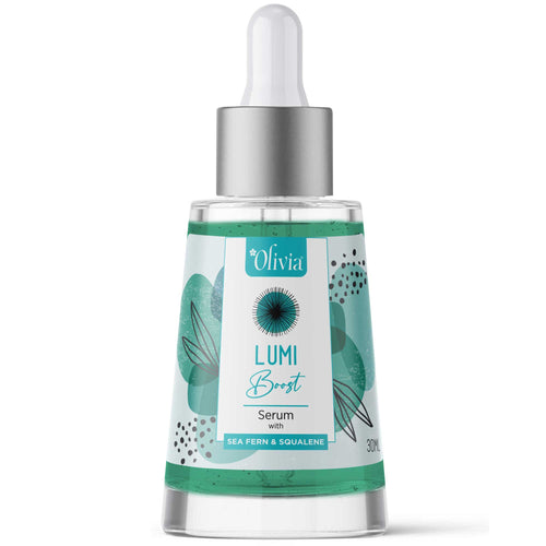 Lumi Boost serum bottle with sea fern and squalene, featuring a dropper cap and decorative design.