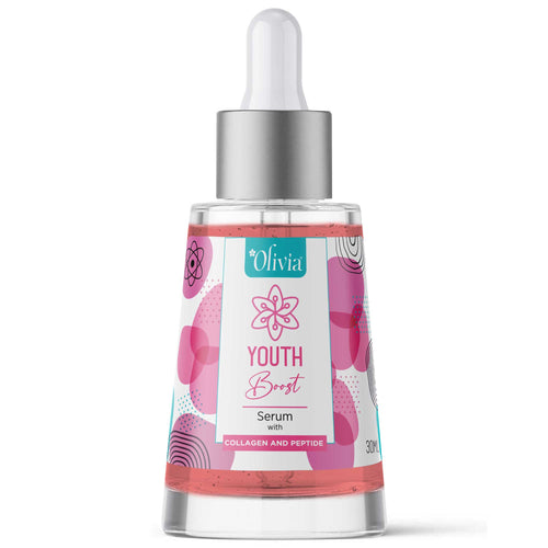 Clear glass serum bottle labeled "Olivia Youth Boost Serum" with a dropper, featuring a pink and white design.