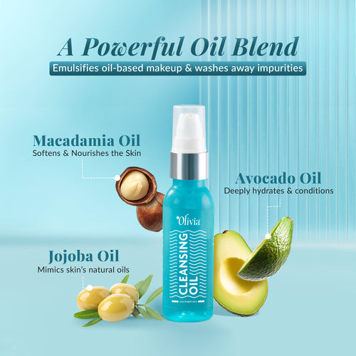 Cleansing oil bottle with macadamia, avocado, and jojoba oil listed, set against a light blue background.