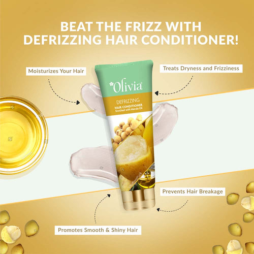 Bottle of Olivia revitalizing hair conditioner with macadamia nut oil and banana, featuring fruit illustrations.