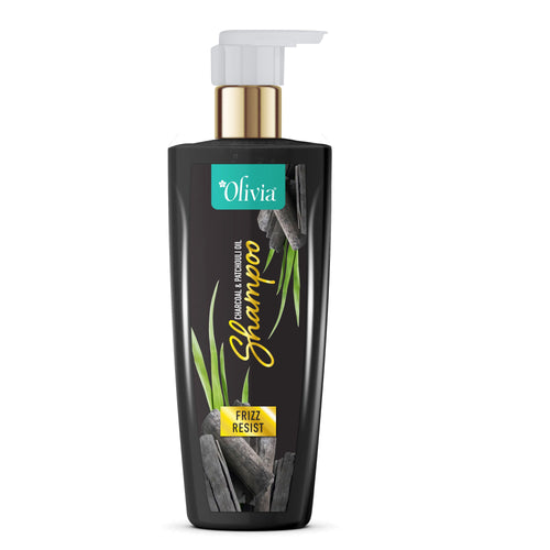 Olivia frizz resist shampoo bottle with a black design and pump dispenser on a white background.