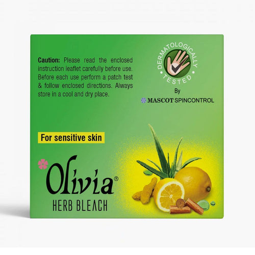 Olivia herb bleach box for sensitive skin with lemon and herbs, includes patch test instructions.