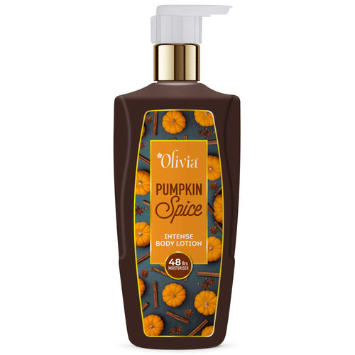 Brown bottle of Olivia Pumpkin Spice intense body lotion with pumpkin and spice graphics on the label.