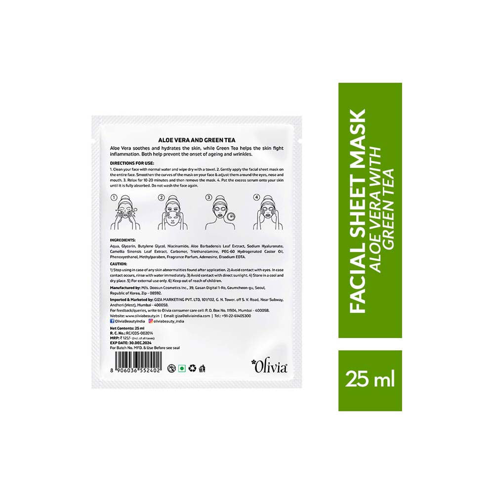Antibacterial Sheet Mask with Aloe Vera and Green Tea Olivia Beauty